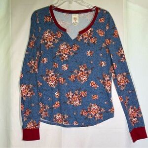 Self Esteem Blue Red Cottage Floral Long-Sleeved Soft Blouse‎ Women's Large